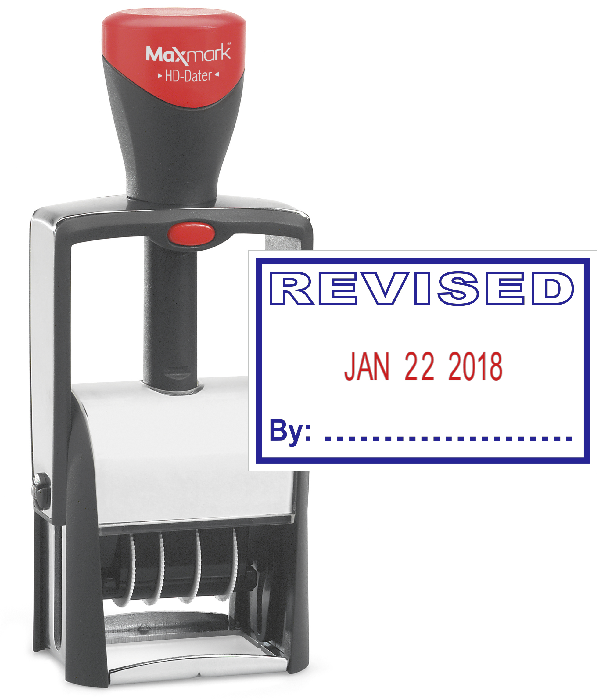 Heavy Duty Date Stamp with "REVISED" Self Inking Stamp - 2 Color Blue/Red Ink