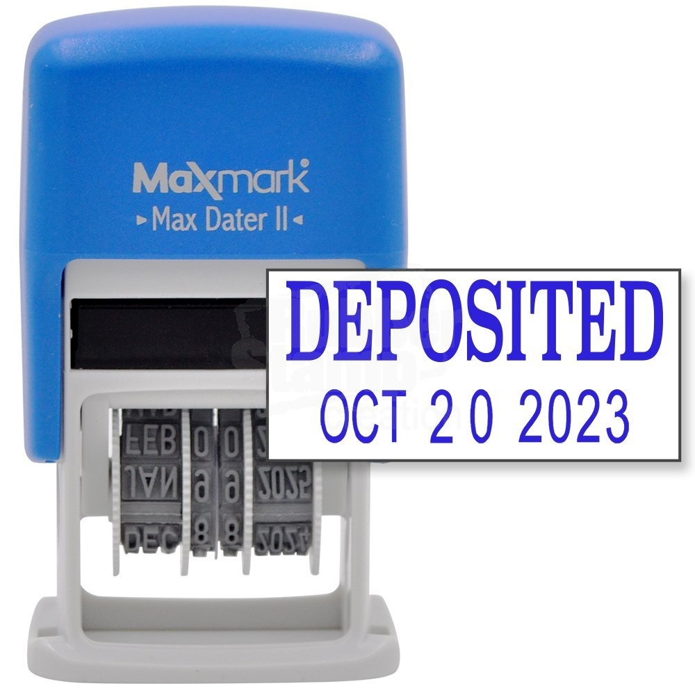Max Dater II MaxMark Self-Inking Rubber Date Office Stamp with DEPOSITED Phrase & Date 12-Year Band Blue Ink 