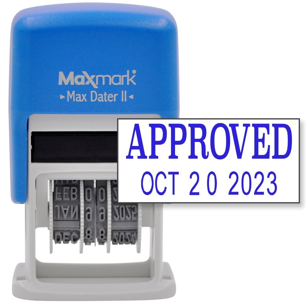 MaxMark Self-Inking Rubber Date Office Stamp with APPROVED Phrase & Date - BLUE INK (Max Dater II), 12-Year Band