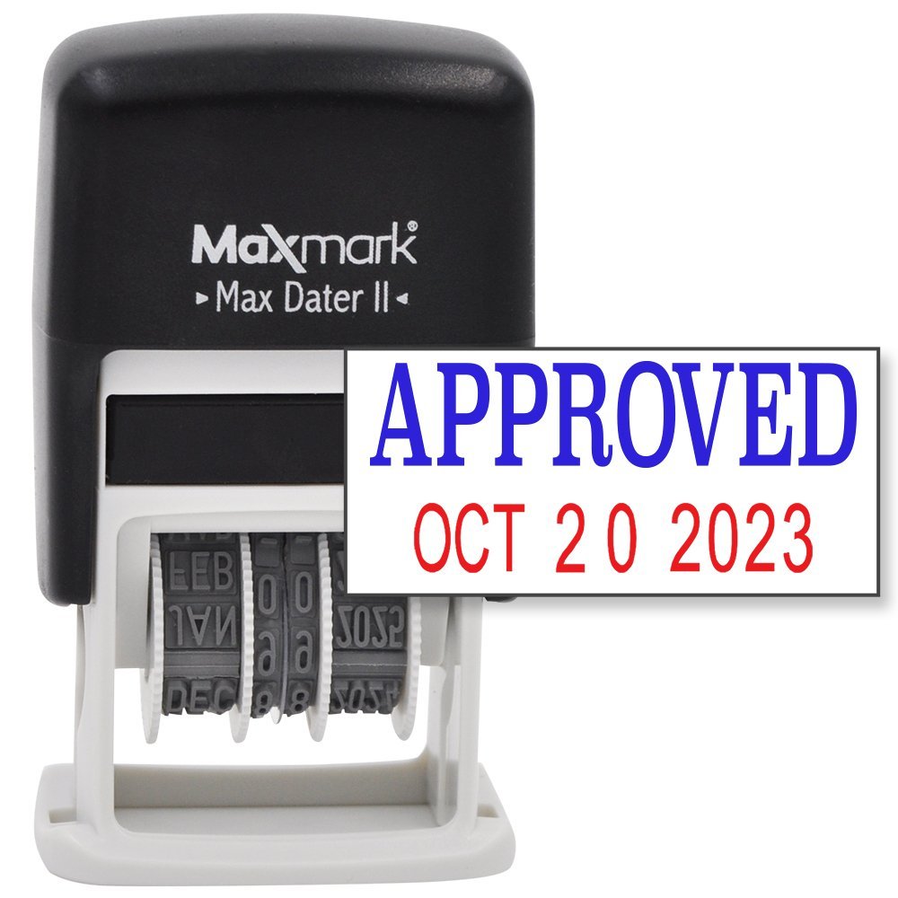 MaxMark Self-Inking Rubber Date Office Stamp with APPROVED Phrase & Date - BLUE/RED INK (Max Dater II), 12-Year Band