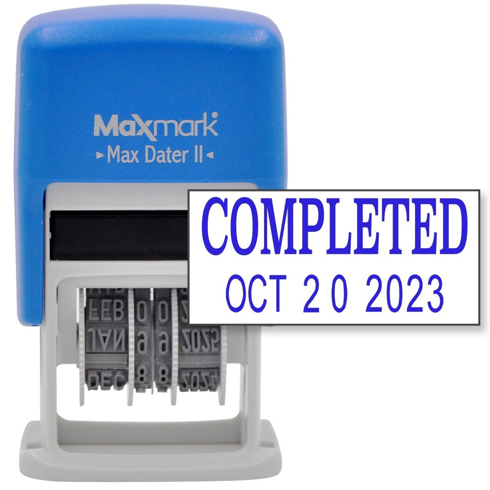 MaxMark Self-Inking Rubber Date Office Stamp with COMPLETED Phrase & Date - BLUE INK (Max Dater II), 12-Year Band