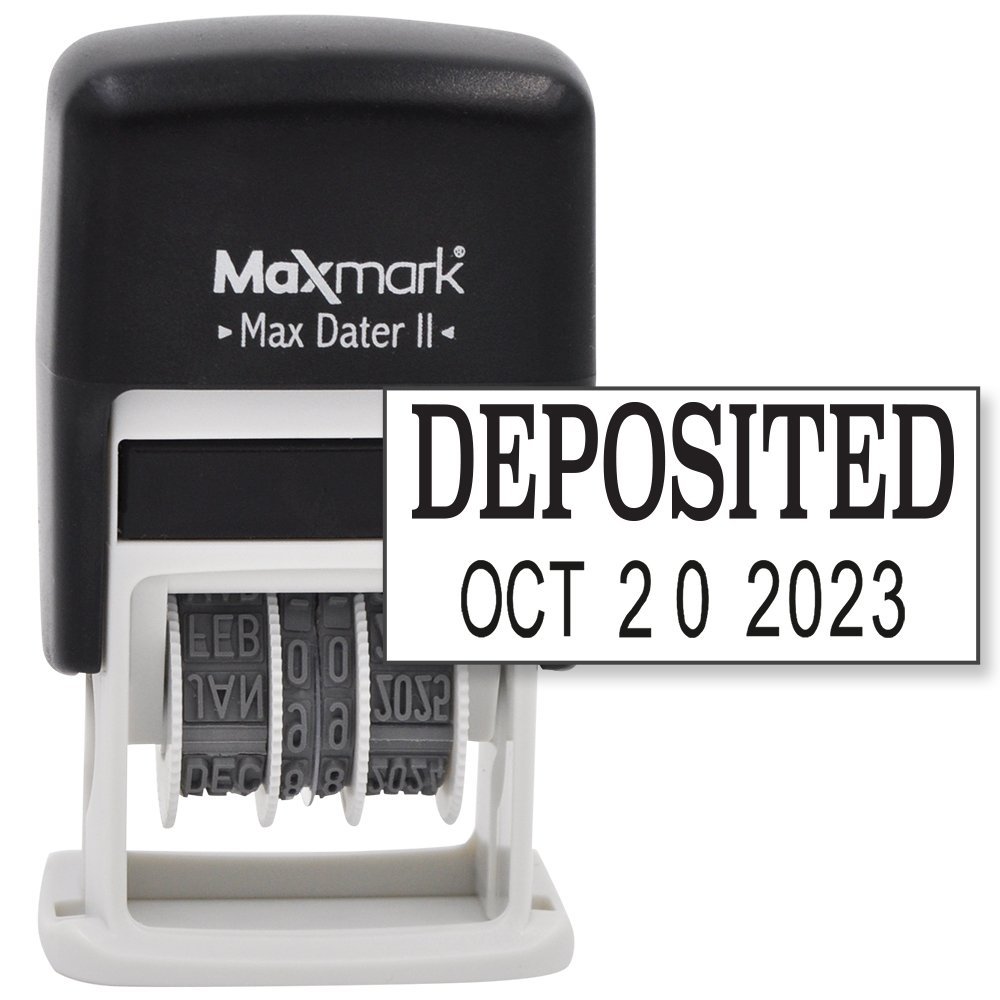 MaxMark Self-Inking Rubber Date Office Stamp with DEPOSITED Phrase & Date - BLACK INK (Max Dater II), 12-Year Band