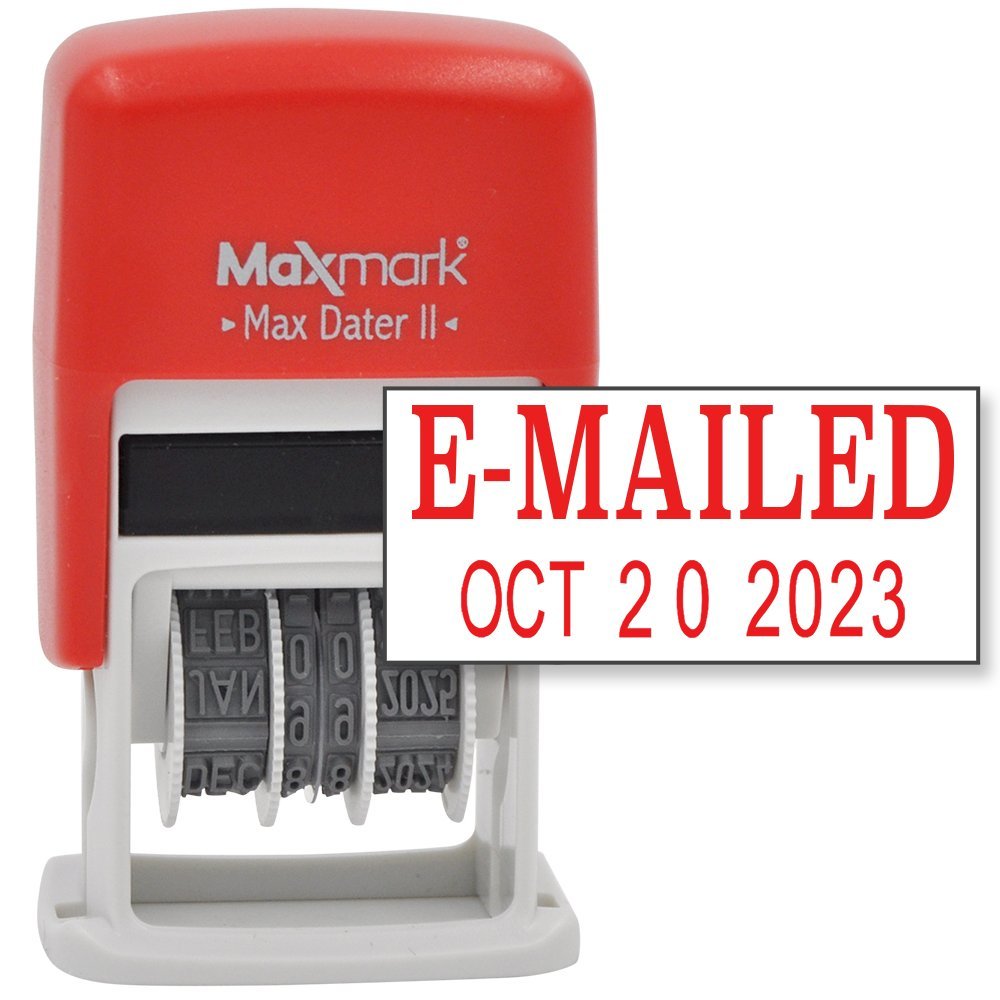 MaxMark Self-Inking Rubber Date Office Stamp with E-MAILED Phrase & Date - RED INK (Max Dater II), 12-Year Band