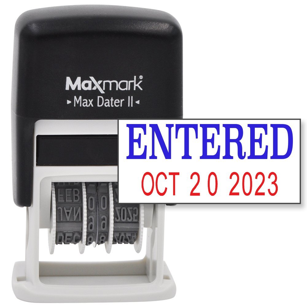 MaxMark Self-Inking Rubber Date Office Stamp with ENTERED Phrase & Date - BLUE/RED INK (Max Dater II), 12-Year Band