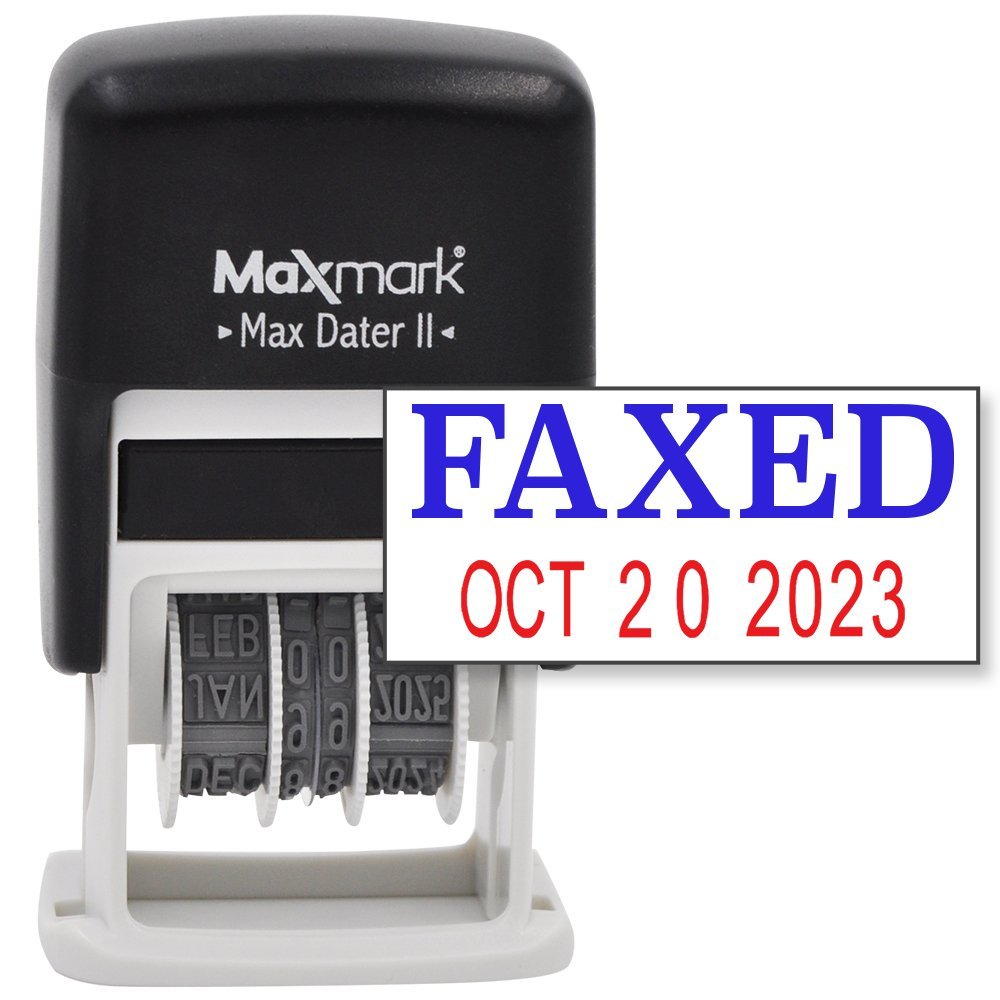 MaxMark Self-Inking Rubber Date Office Stamp with FAXED Phrase & Date - BLUE/RED INK (Max Dater II), 12-Year Band