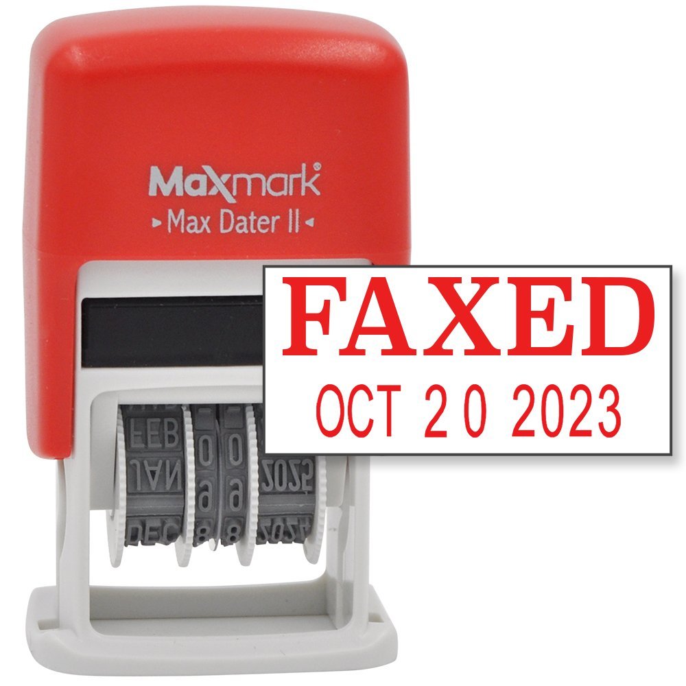 MaxMark Self-Inking Rubber Date Office Stamp with FAXED Phrase & Date - RED INK (Max Dater II), 12-Year Band