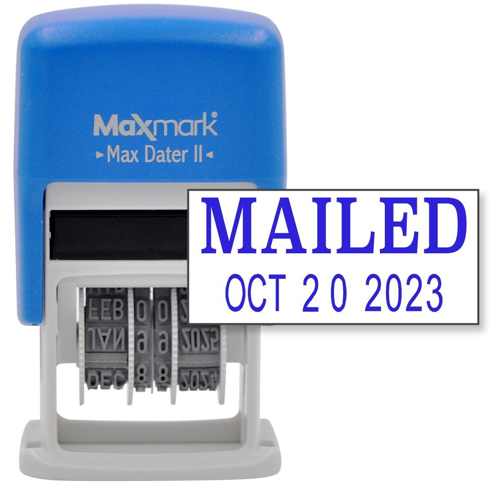MaxMark Self-Inking Rubber Date Office Stamp with MAILED Phrase & Date - BLUE INK (Max Dater II), 12-Year Band