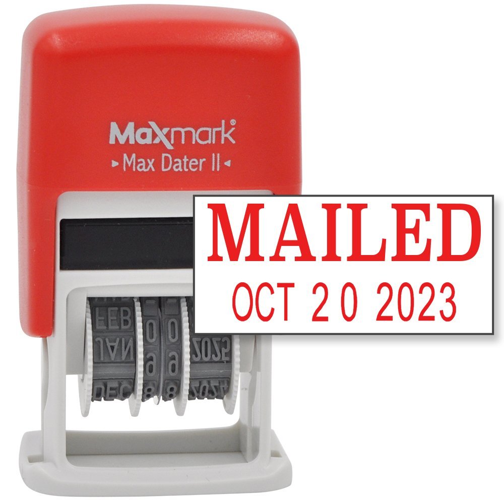 MaxMark Self-Inking Rubber Date Office Stamp with MAILED Phrase & Date - RED INK (Max Dater II), 12-Year Band