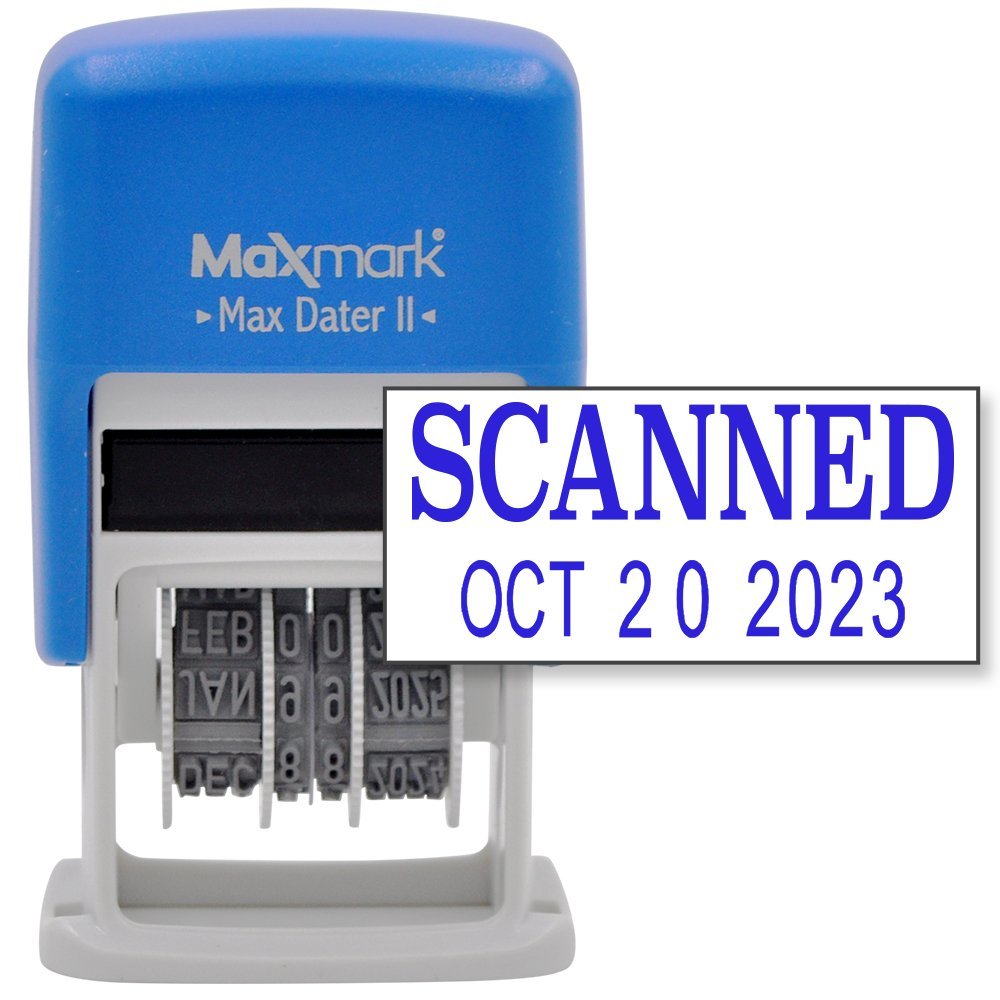 MaxMark Self-Inking Rubber Date Office Stamp with SCANNED Phrase & Date - BLUE INK (Max Dater II), 12-Year Band
