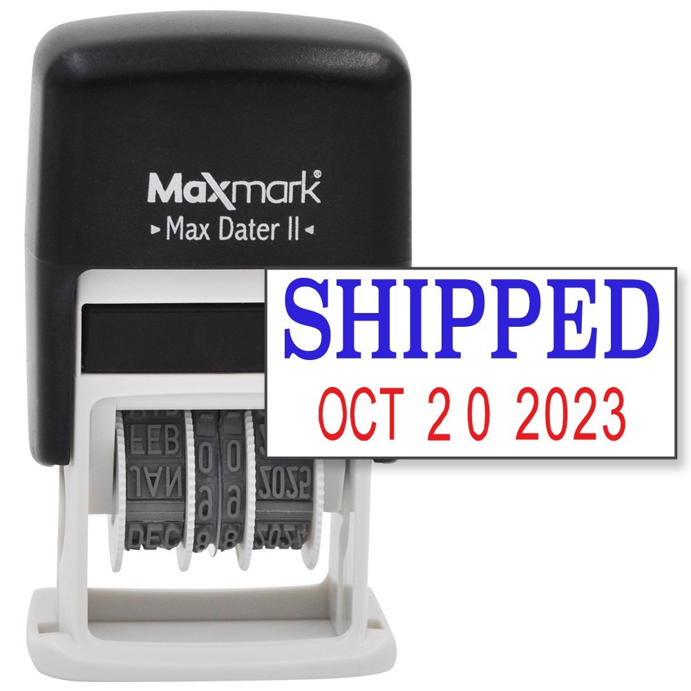 MaxMark Self-Inking Rubber Date Office Stamp with SHIPPED Phrase & Date - BLUE/RED INK (Max Dater II), 12-Year Band