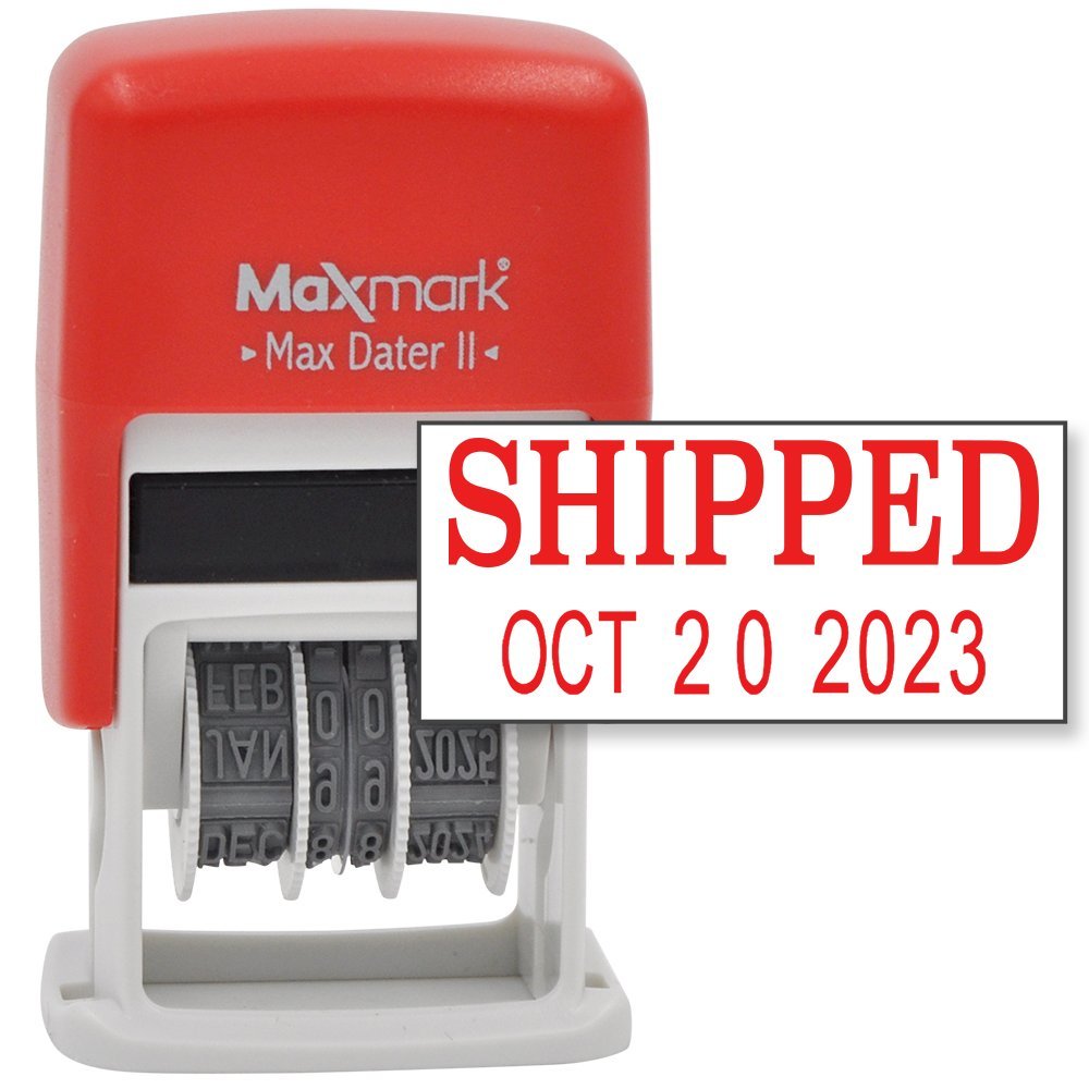 MaxMark Self-Inking Rubber Date Office Stamp with SHIPPED Phrase & Date - RED INK (Max Dater II), 12-Year Band