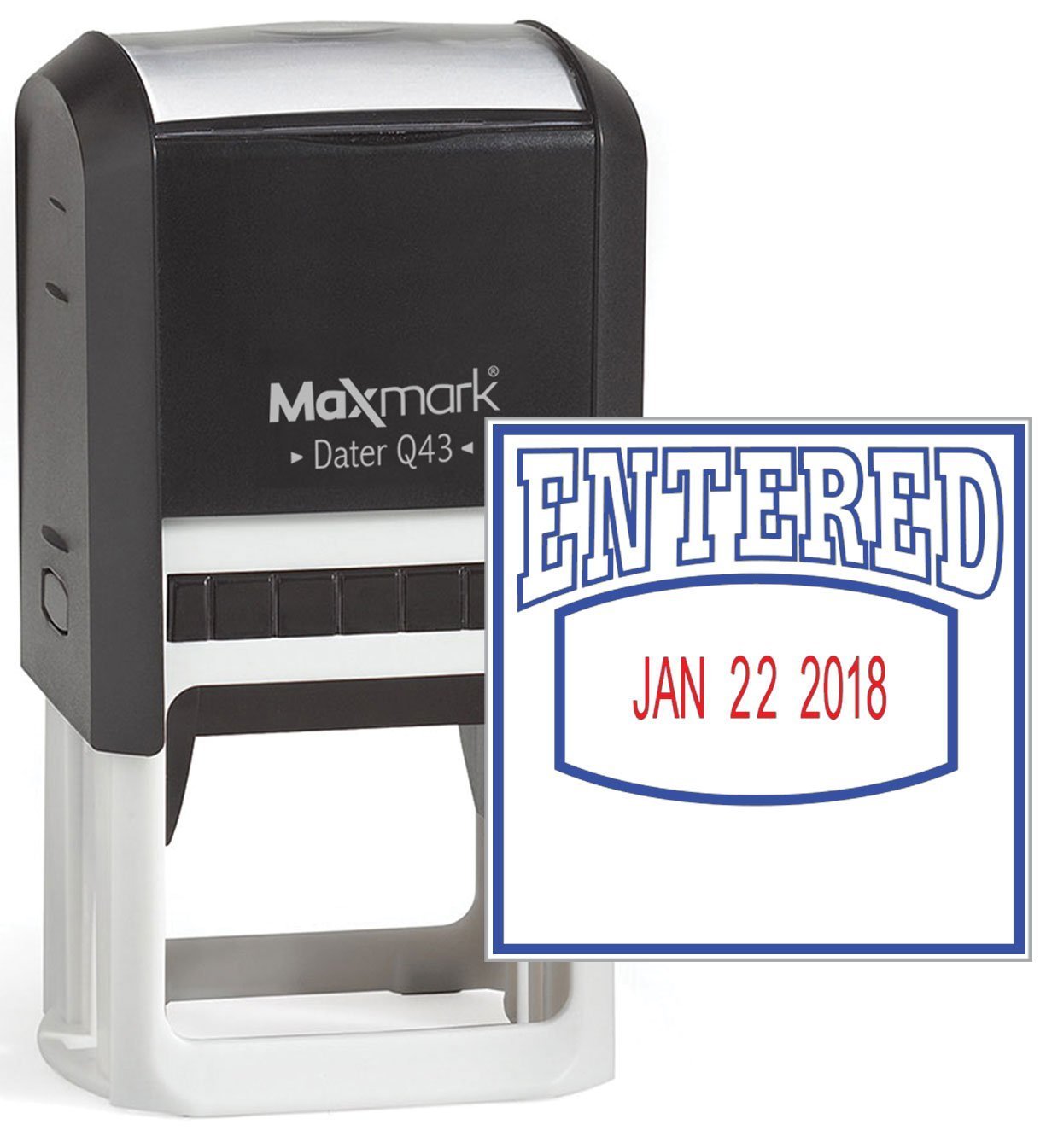 MaxMark Q43 (Large Size) Date Stamp with "ENTERED" Self Inking Stamp - Blue/Red Ink