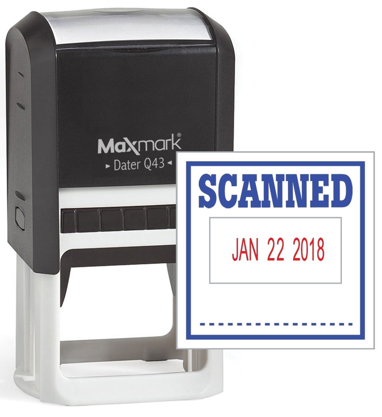 MaxMark Q43 (Large Size) Date Stamp with "SCANNED" Self Inking Stamp - Blue/Red Ink