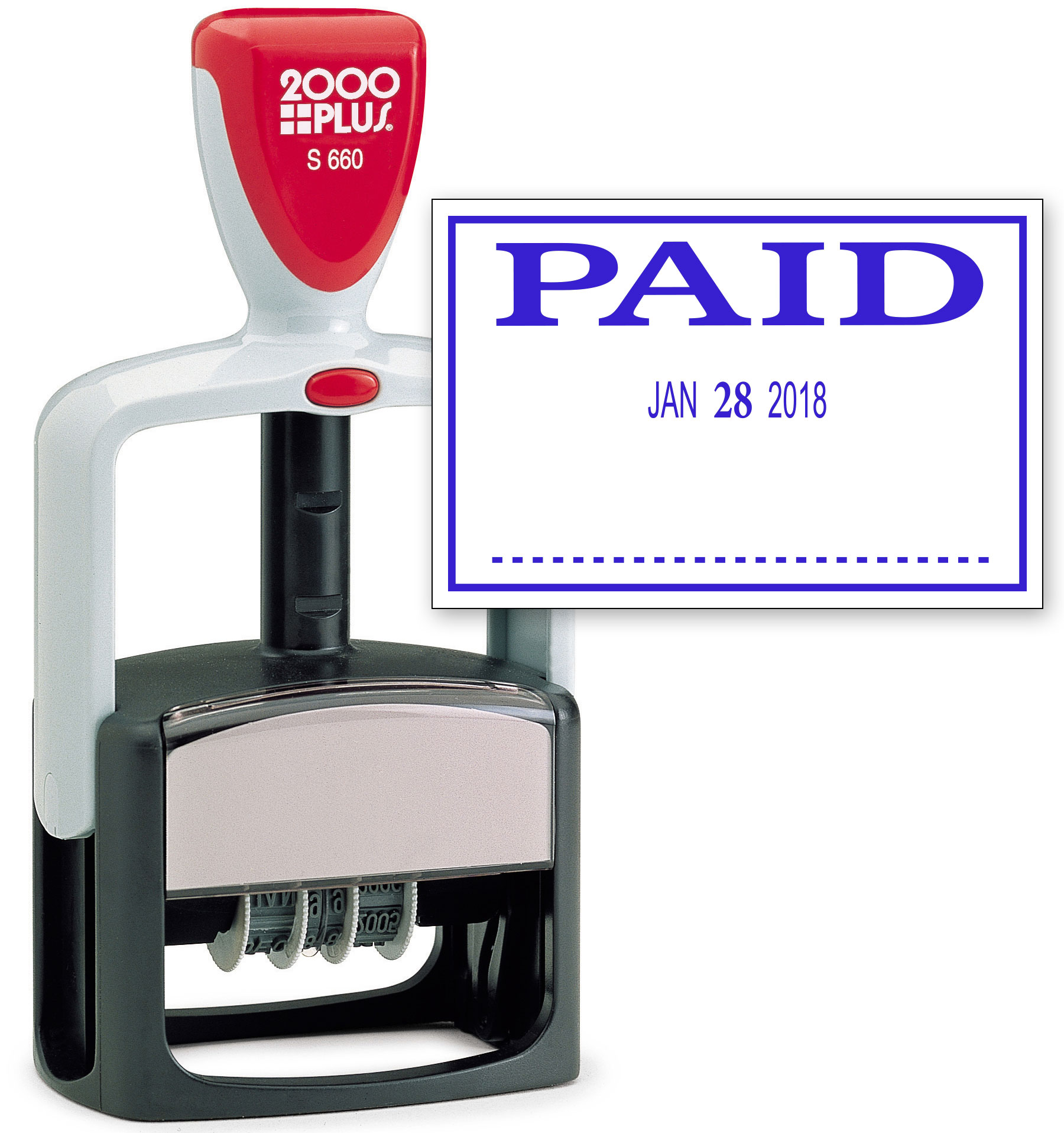 2000 PLUS Heavy Duty Style 2-Color Date Stamp with PAID self inking stamp - Blue Ink
