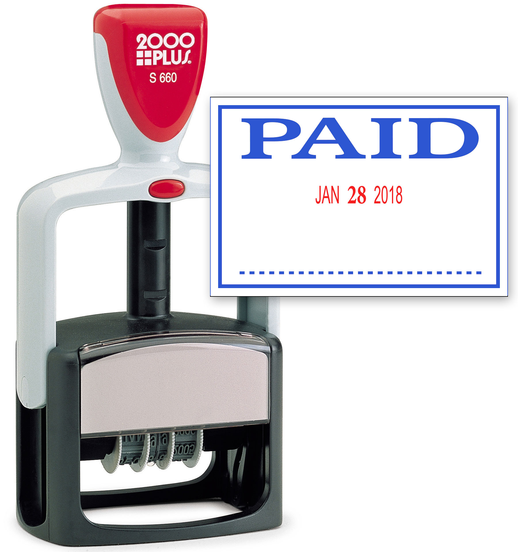 2000 PLUS Heavy Duty Style 2-Color Date Stamp with PAID self inking stamp - Blue/Red Ink
