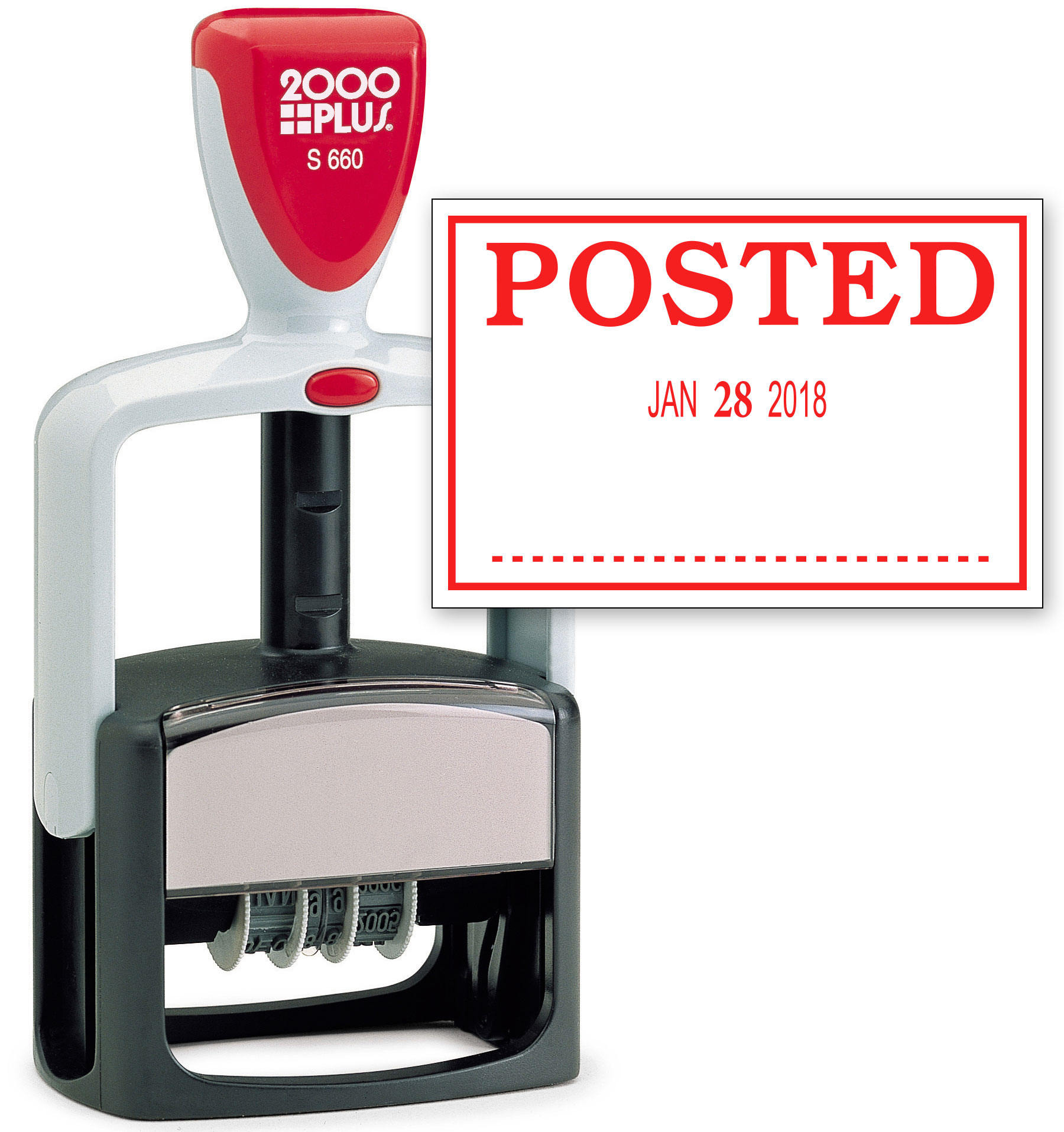2000 PLUS Heavy Duty Style 2-Color Date Stamp with POSTED self inking stamp - Red Ink