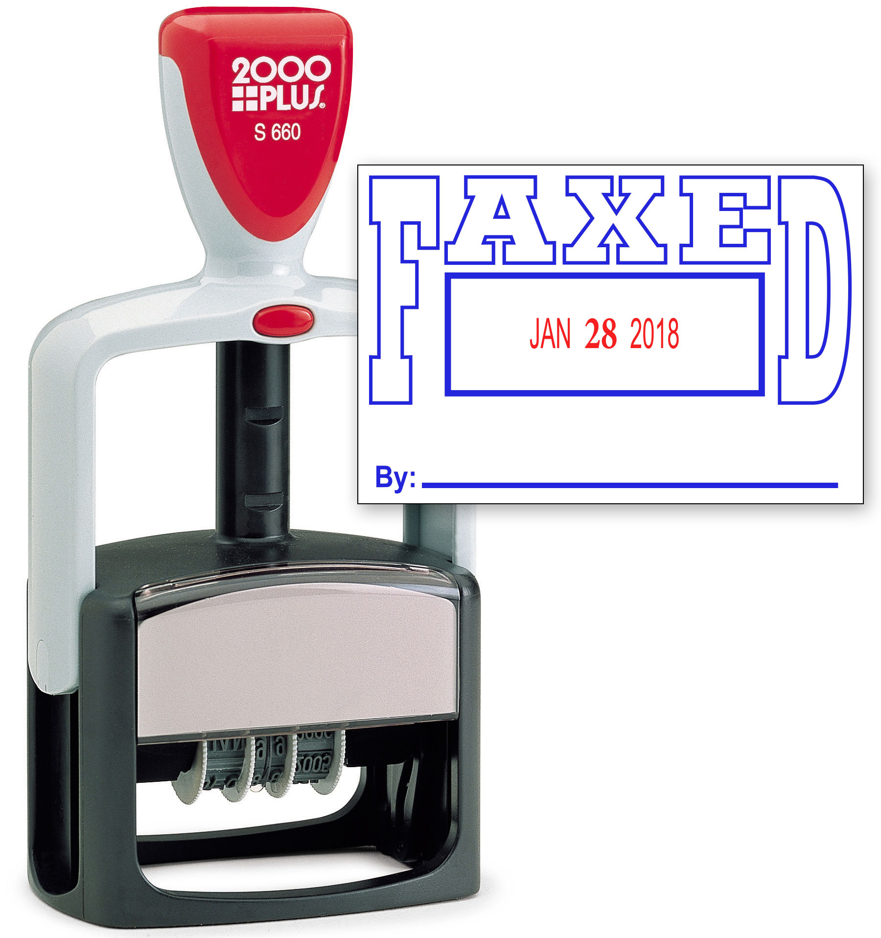 2000 PLUS Heavy Duty Style 2-Color Date Stamp with FAXED self inking stamp - Blue/Red Ink