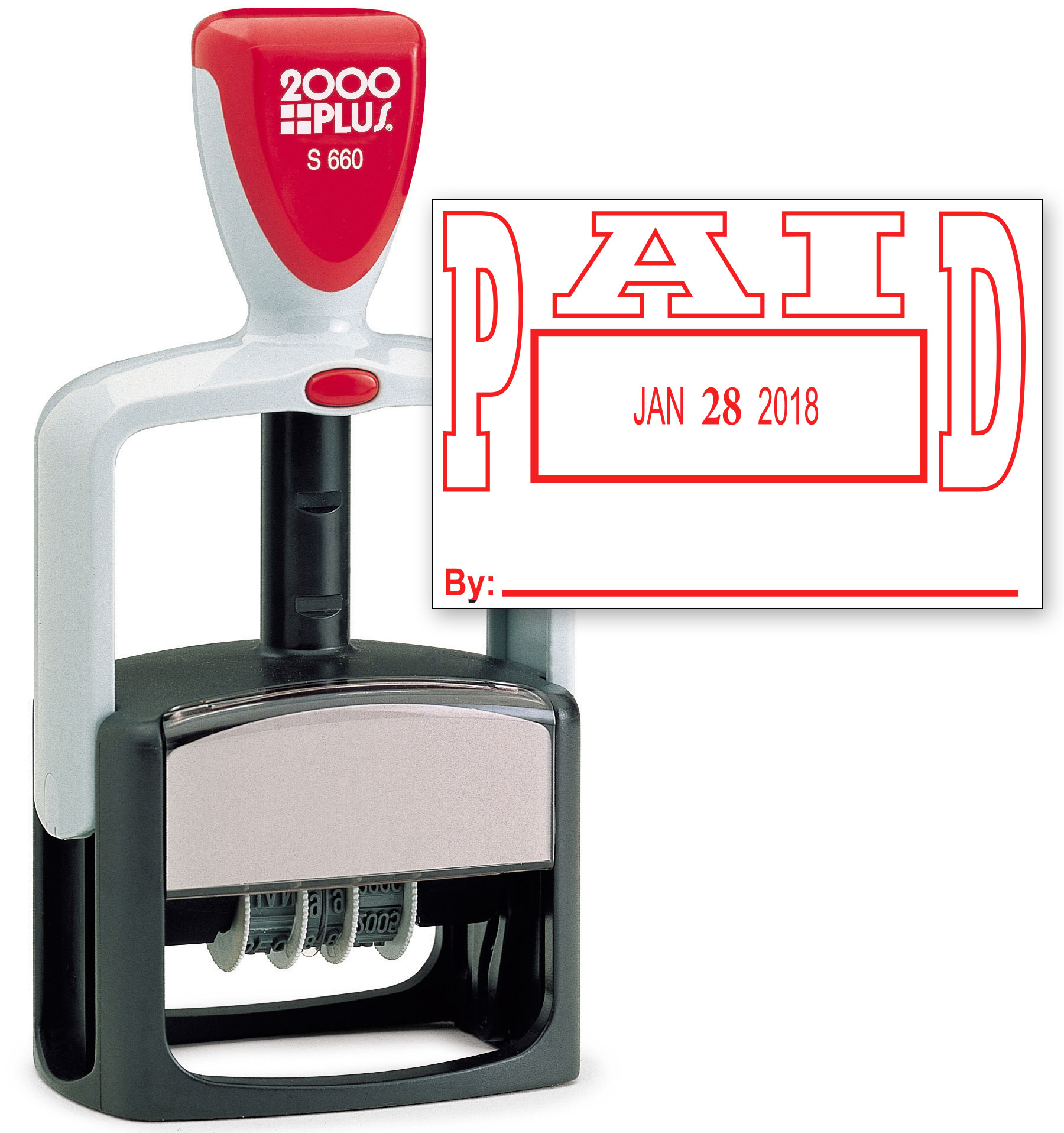 2000 PLUS Heavy Duty Style 2-Color Date Stamp with PAID self inking stamp - Red Ink