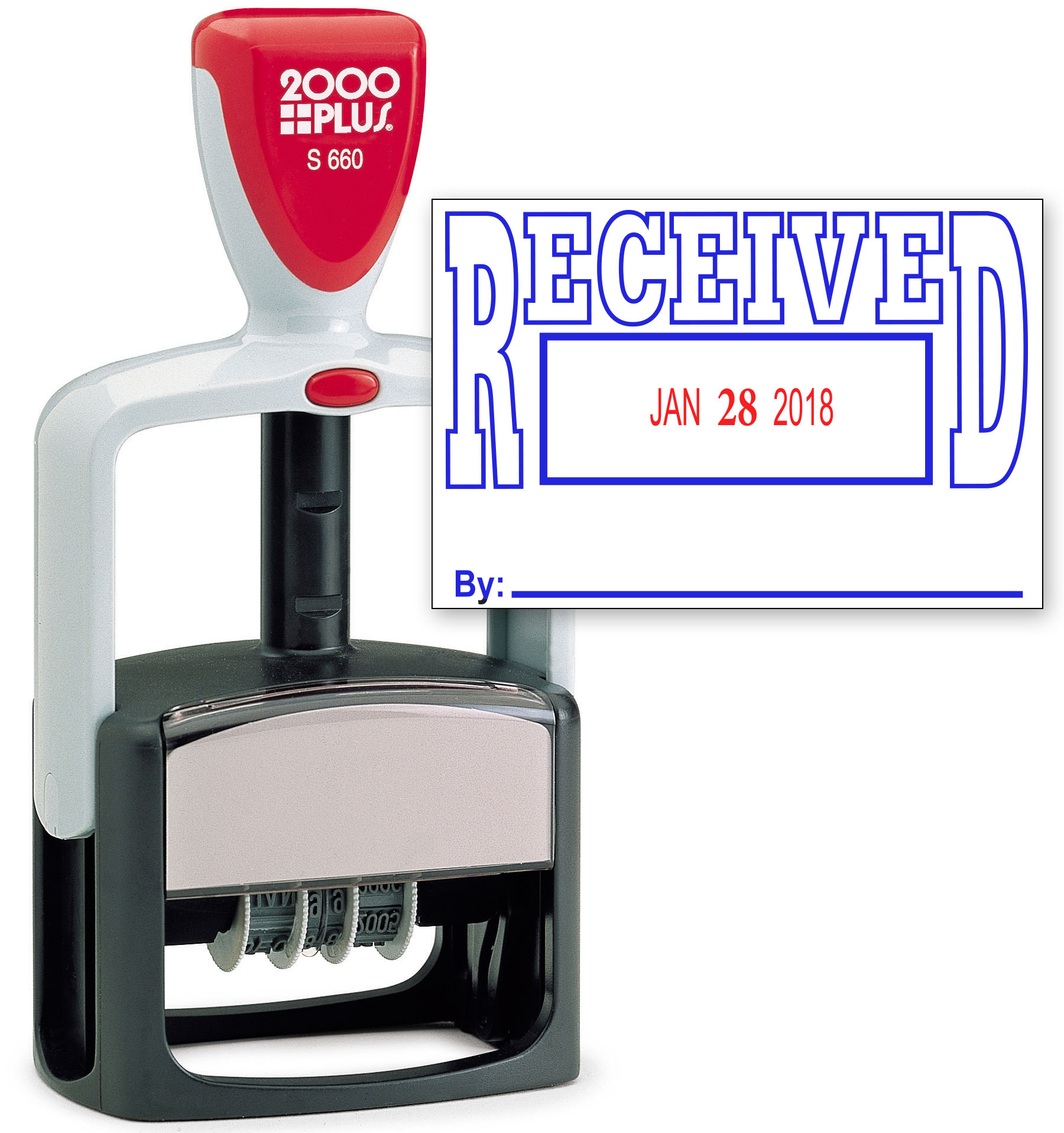 2000 PLUS Heavy Duty Style 2-Color Date Stamp with RECEIVED self inking stamp - Blue/Red Ink